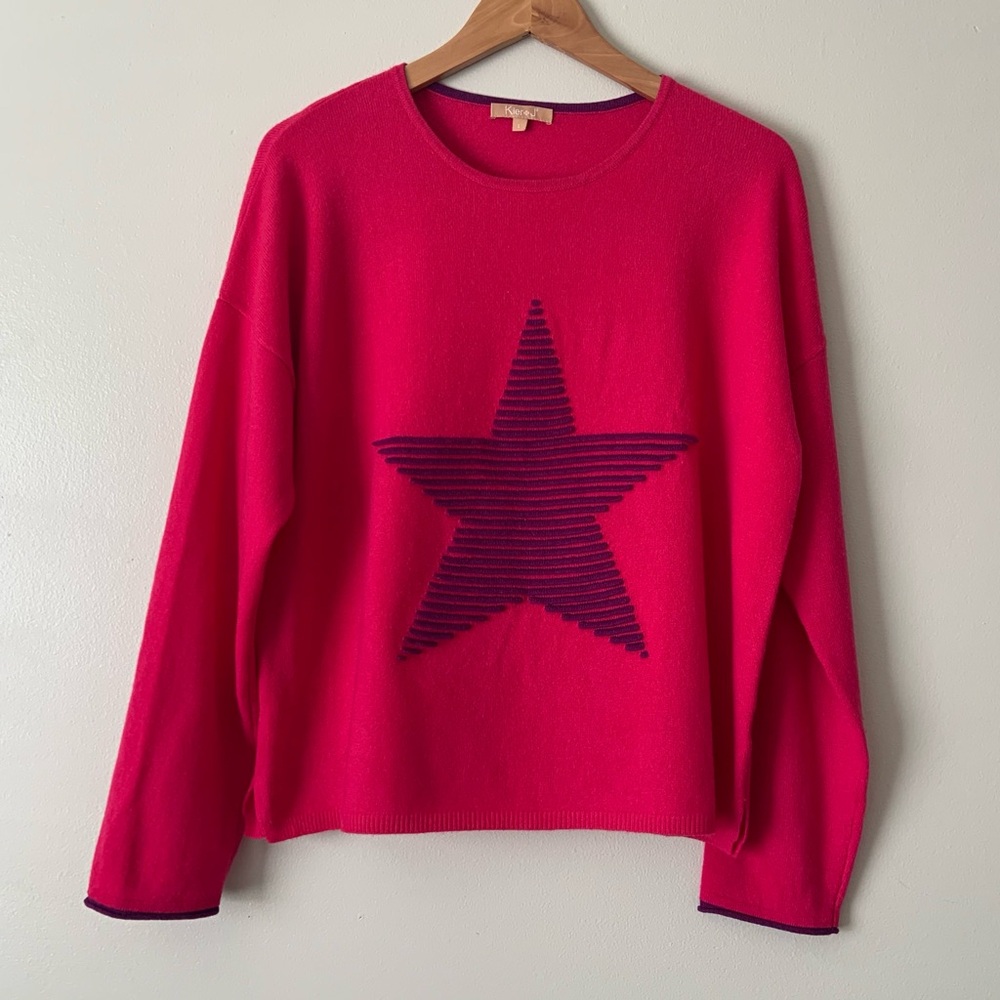 KIER + J Pink Cashmere Sweater with Blue Star Sz L